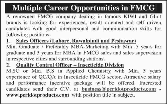 Peridot Products Pvt Ltd Pakistan Jobs 2016 March Sales Officers & Quality Control Officers Latest