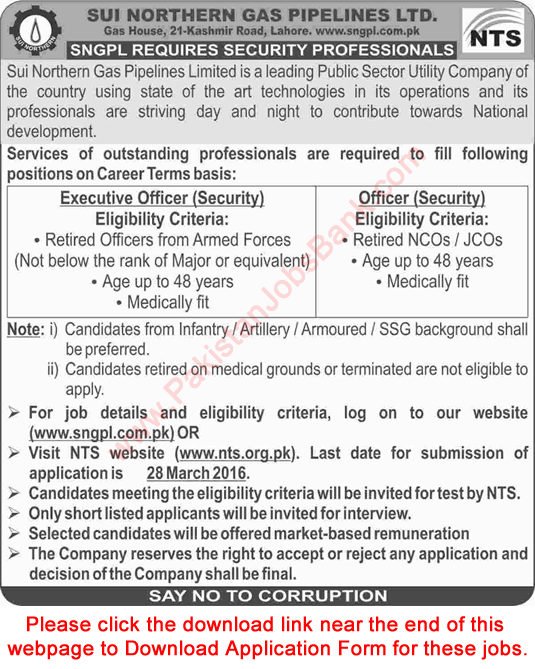 SNGPL Jobs March 2016 Security Officers NTS Application Form Sui Northern Gas Pipelines Limited Latest