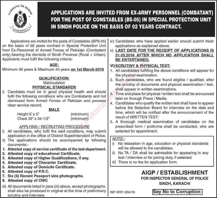 Sindh Police Jobs March 2016 Constables in Special Protection Unit (SPU) Retired / Ex Army Personnel Combatant Latest