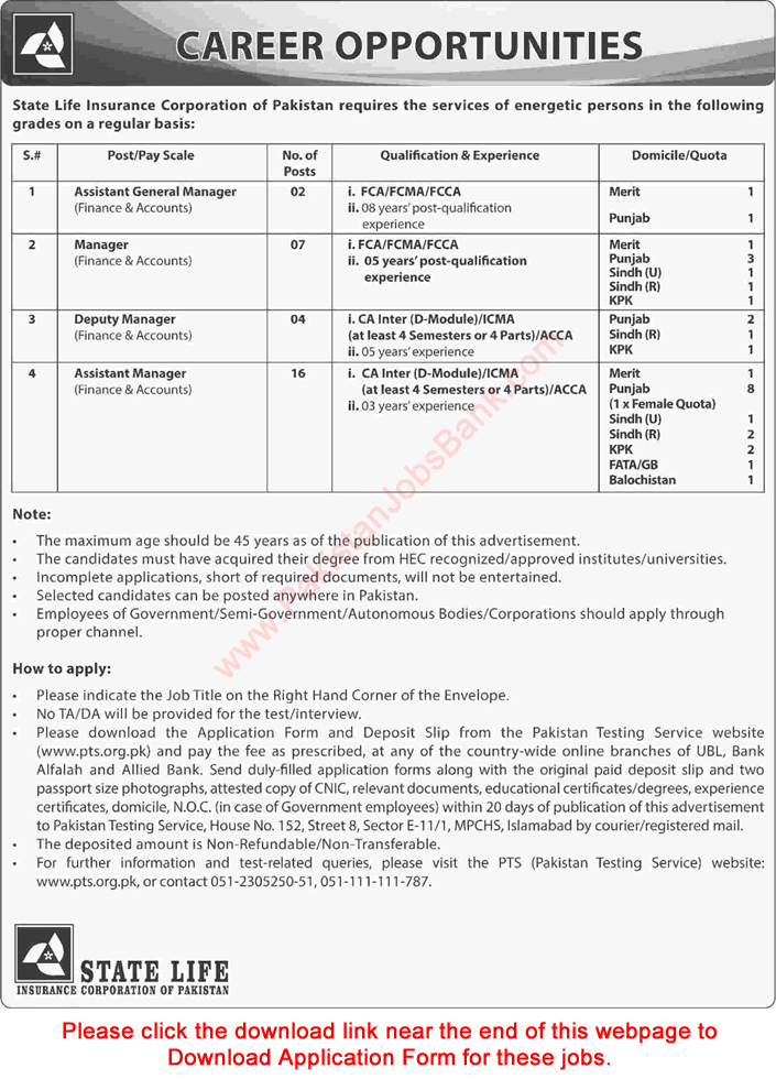 State Life Insurance Corporation of Pakistan Jobs March 2016 Managers PTS Application Form Latest