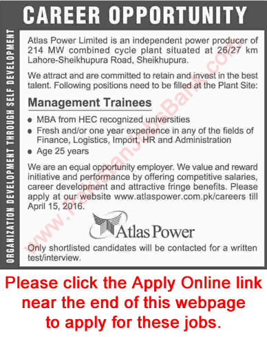 Atlas Power Plant Sheikhupura Jobs 2016 March / April Management Trainee Officers Apply Online Latest