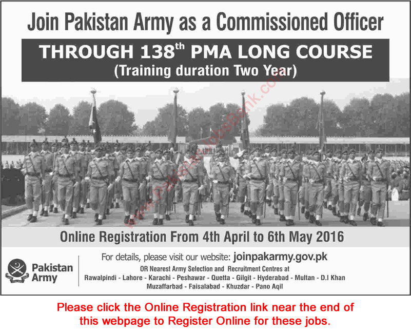 Join Pakistan Army as Commissioned Officer 2016 April through 138th PMA Long Course Online Registration Latest