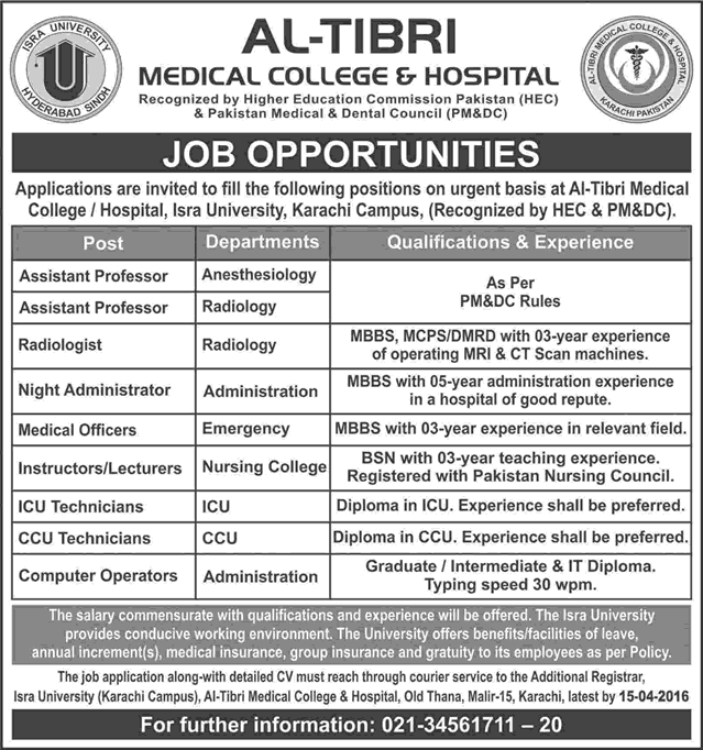 Al Tibri Medical College and Hospital Karachi Jobs 2016 April Medical Officers, ICU / CCU Technicians & Others Latest