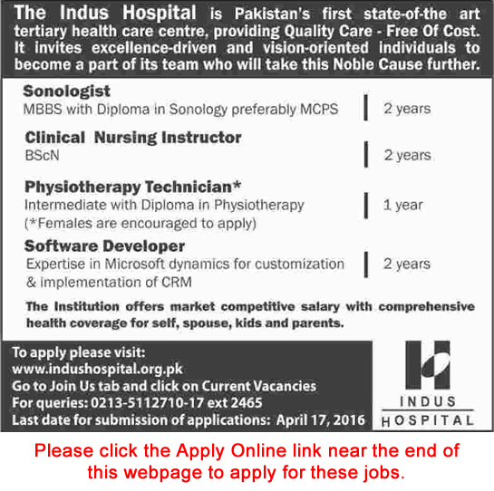 Indus Hospital Karachi Jobs April 2016 Apply Online Software Developer, Physiotherapy Technician & Others Latest
