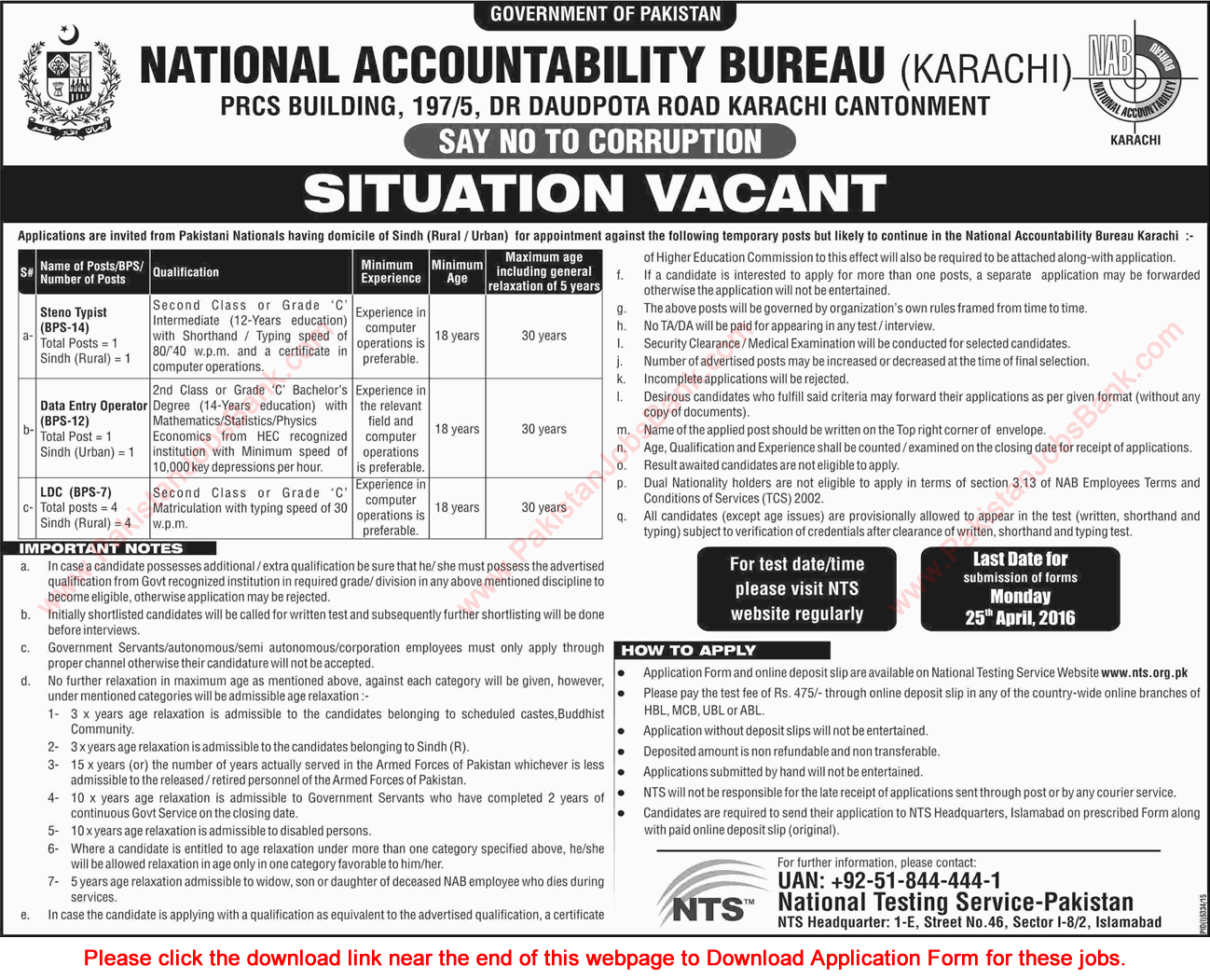 NAB Jobs April 2016 Karachi NTS Application form LDC Clerks, Data Entry Operator & Stenotypist Latest