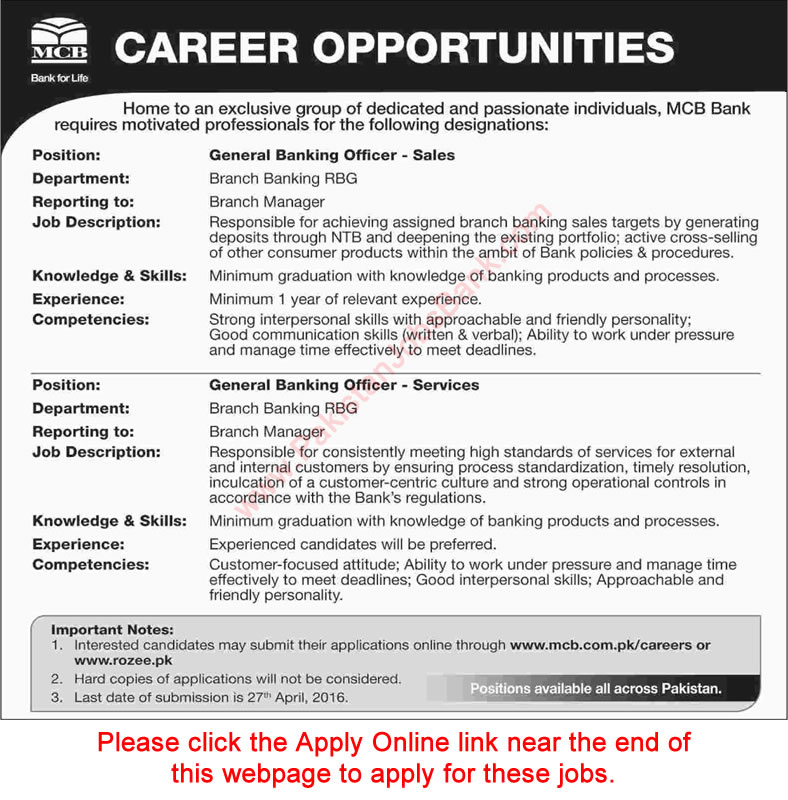 MCB Jobs April 2016 Bank Pakistan General Banking Officers Apply Online Latest Advertisement