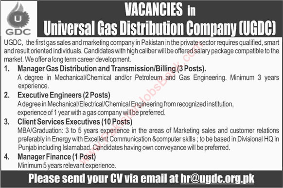 Universal Gas Distribution Company Pakistan Jobs 2016 April UGDC Client Services Executives & Others Latest