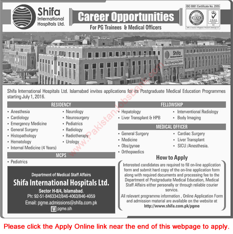 Shifa International Hospital Islamabad Jobs April 2016 PG Trainees & Medical Officers Apply Online Latest