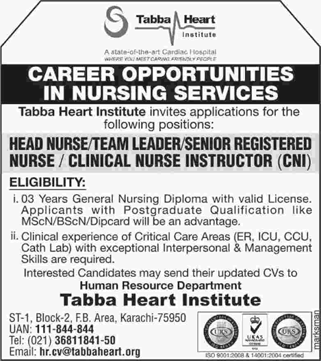 Tabba Heart Institute Karachi Jobs 2016 April Head Nurse, Team Leader, Registered Nurse & Nursing Instructor Latest