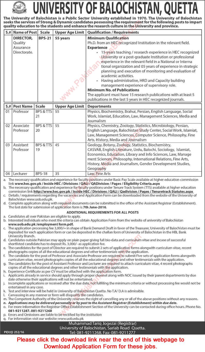 University of Balochistan Jobs May 2016 Application Form Teaching Faculty & Director Latest / New