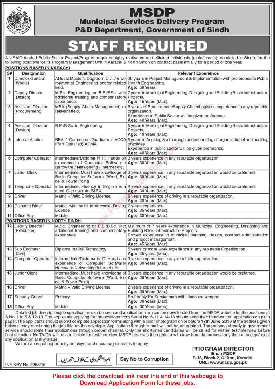 Municipal Services Delivery Program Sindh Jobs 2016 May USAID MSDP Application Form Download Latest