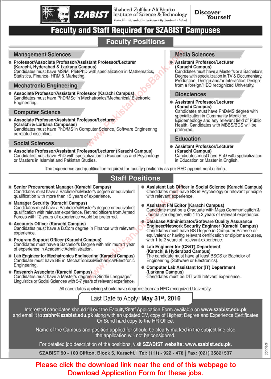 SZABIST Jobs May 2016 Application Form Teaching Faculty, Lab Engineers & Admin Staff Latest