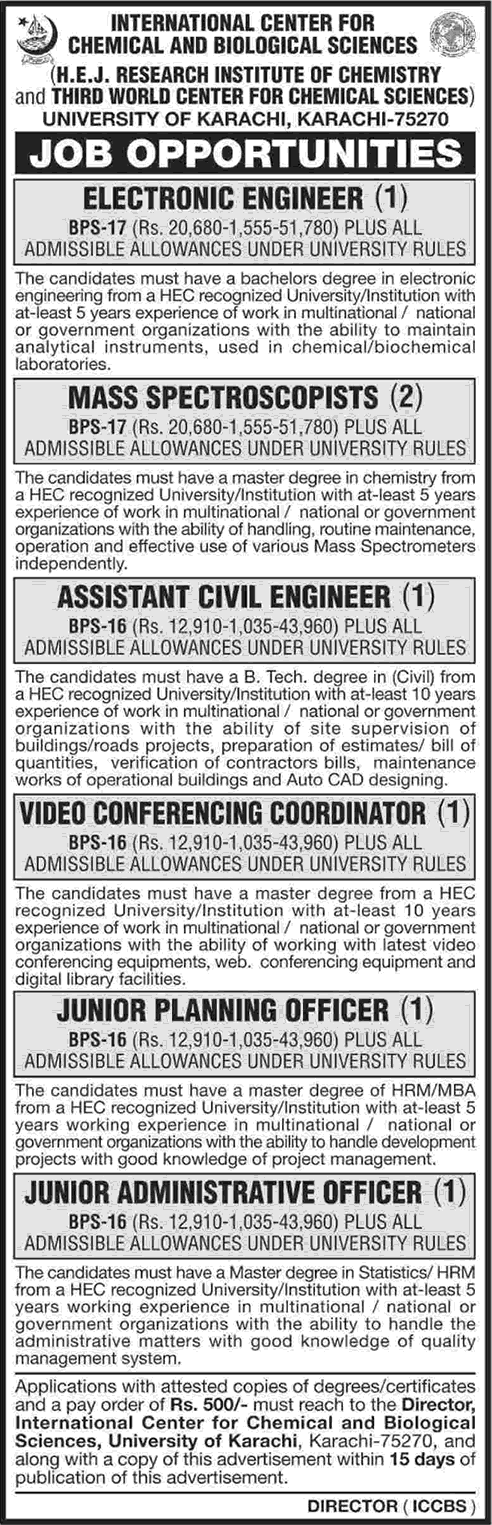ICCBS University of Karachi Jobs 2016 May Electronics / Civil Engineers, Admin Officer & Others Latest