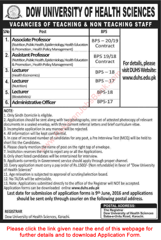Dow University of Health Sciences Karachi Jobs 2016 May / June DUHS Application Form Teaching Faculty & Admin Officer Latest