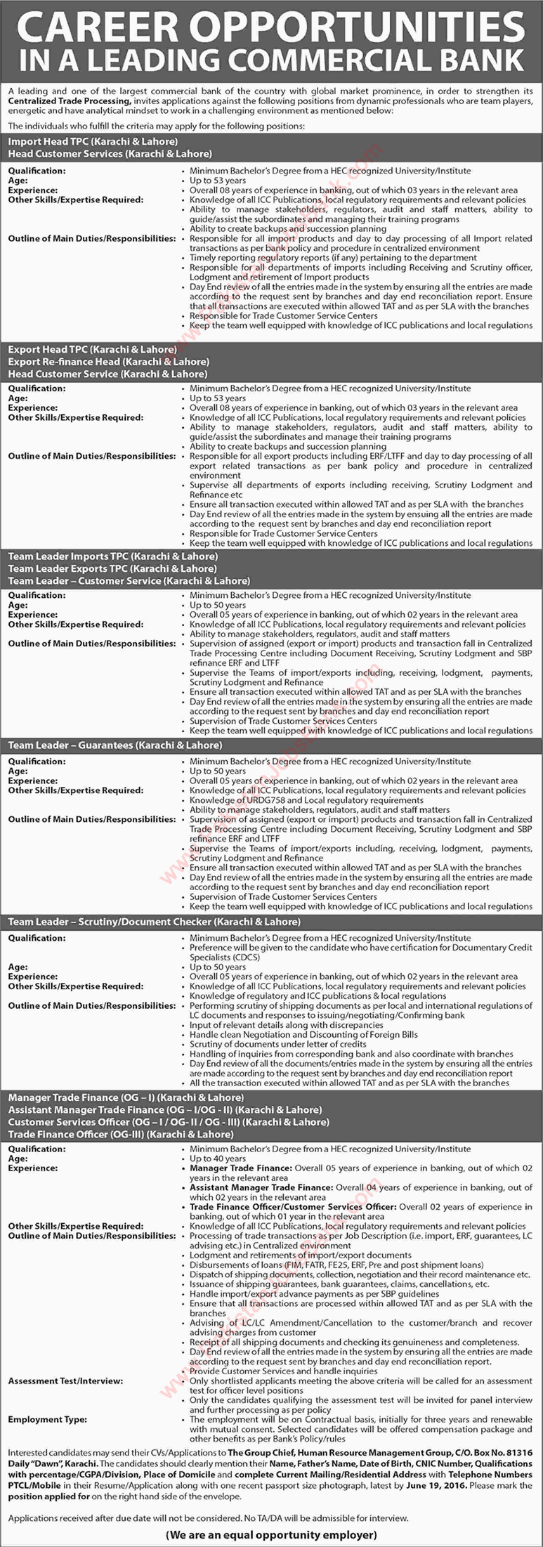 Bank Jobs in Karachi / Lahore June 2016 Team Leaders, Customer Service Officers & Others Latest