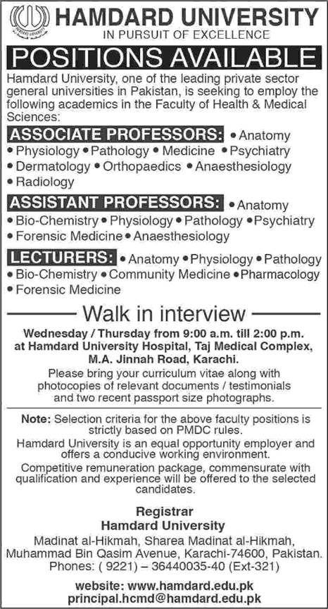 Hamdard University Karachi Jobs 2016 June Medical Teaching Faculty Walk in Interviews Latest