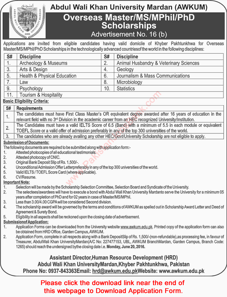 Abdul Wali Khan University Mardan Overseas Master / MS / MPhil / PhD Scholarships 2016 June Application Form Latest