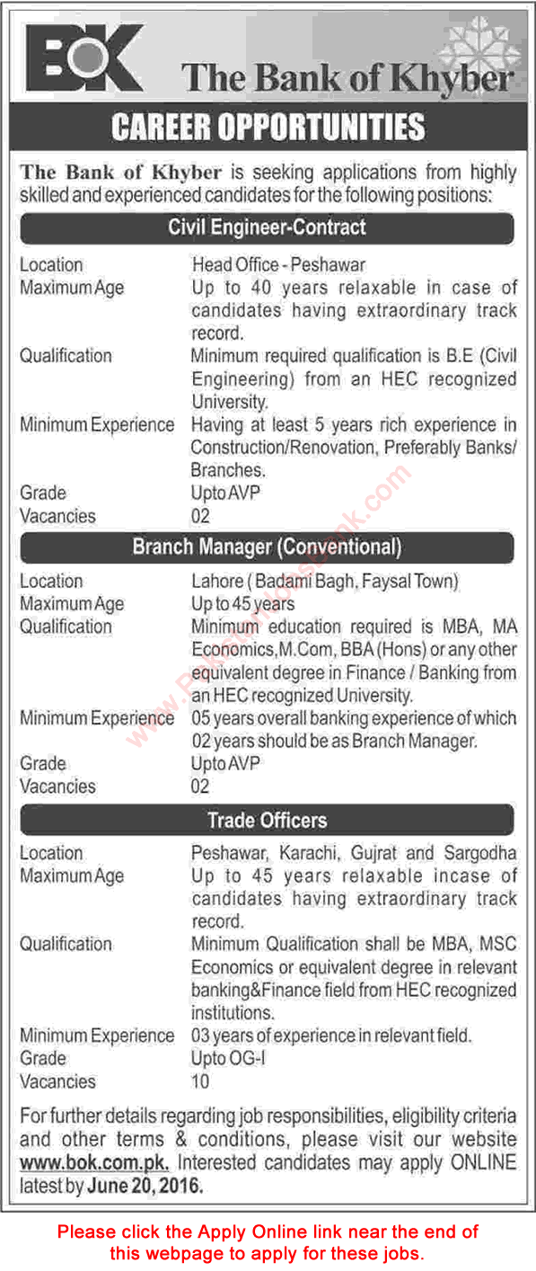 Bank of Khyber Jobs June 2016 BOK Apply Online Trade Officers, Civil Engineers & Branch Managers Latest