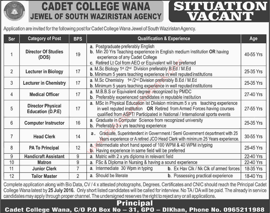 Cadet College Wana Jobs June 2016 Lecturers, Computer Instructor, Medical Officers, Clerks & Others Latest