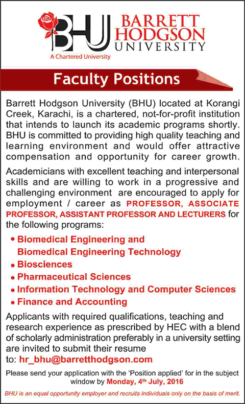 Barrett Hodgson University Karachi Jobs 2016 June Teaching Faculty Latest