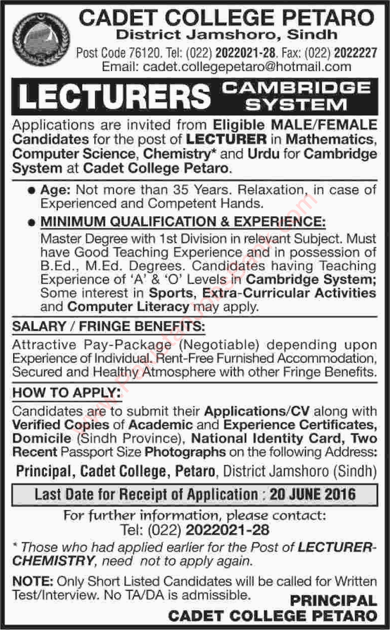 Cadet College Petaro Jobs 2016 July Jamshoro for Lecturers Latest