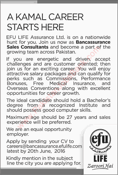 EFU Life Insurance Jobs July 2016 for Sales Consultants Latest