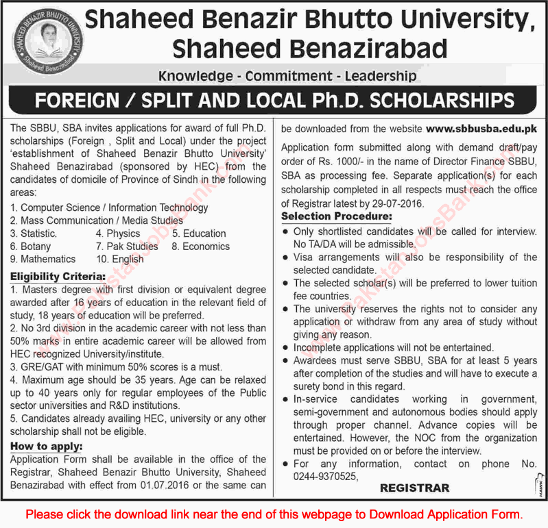 Shaheed Benazir Bhutto University PhD Scholarships 2016 July Application Form Foreign, Split & Local Latest