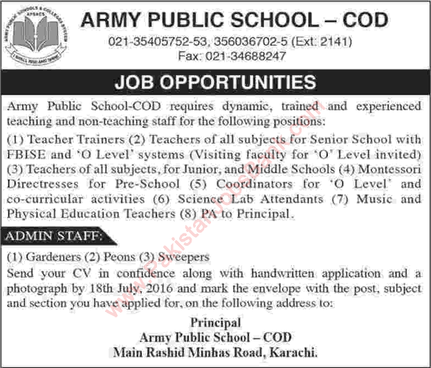 Army Public School COD Karachi Jobs July 2016 Teachers, Montessori Directress, Coordinators & Others Latest