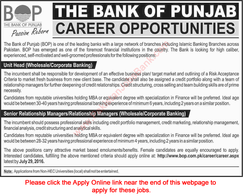 Bank of Punjab Jobs July 2016 BOP Apply Online Relationship Managers & Unit Head Latest