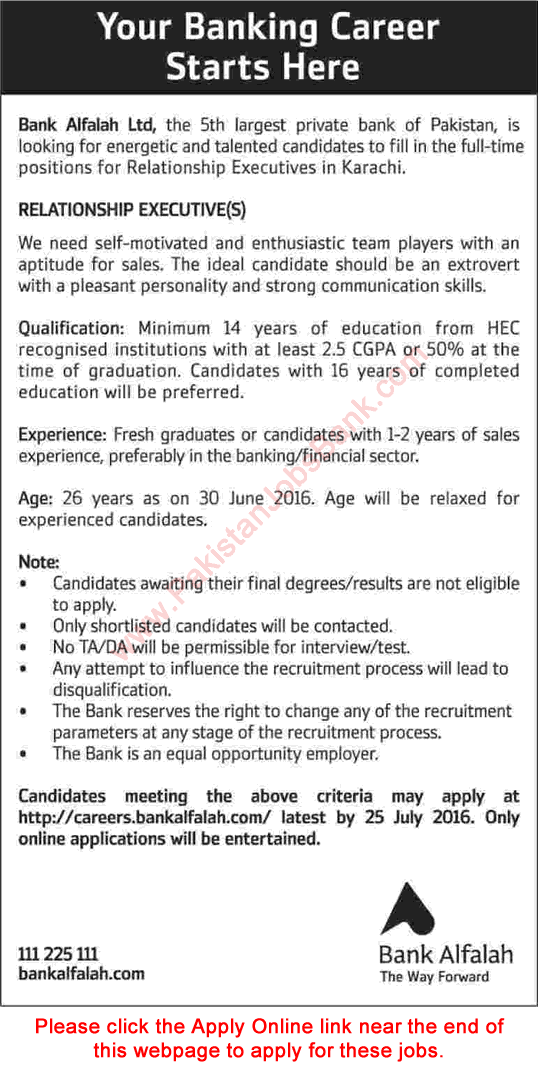 Bank Alfalah Jobs July 2016 Karachi Apply Online for Relationship Executives Latest