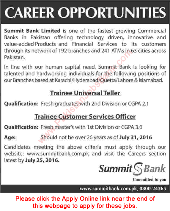 Summit Bank Jobs July 2016 Apply Online Trainee Universal Tellers & Customer Services Officers Latest