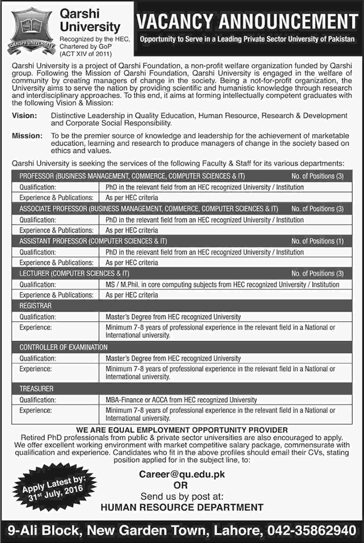 Qarshi University Lahore Jobs 2016 July Teaching Faculty & Others Latest