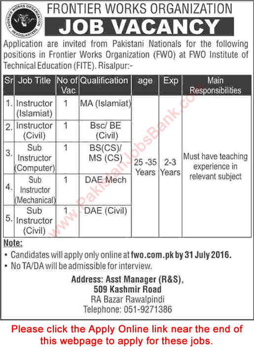 Instructor Jobs in FWO Institute of Technical Education Risalpur 2016 July Apply Online Latest