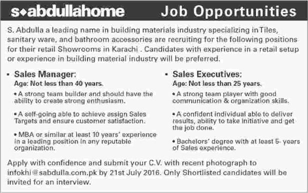 Sales Executive & Manager Jobs in Karachi July 2016 at S Abdulla Home Latest