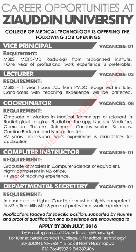 Ziauddin University Karachi Jobs 2016 Coordinators, Lecturers, Vice Principal, Computer Instructor & Secretary Latest