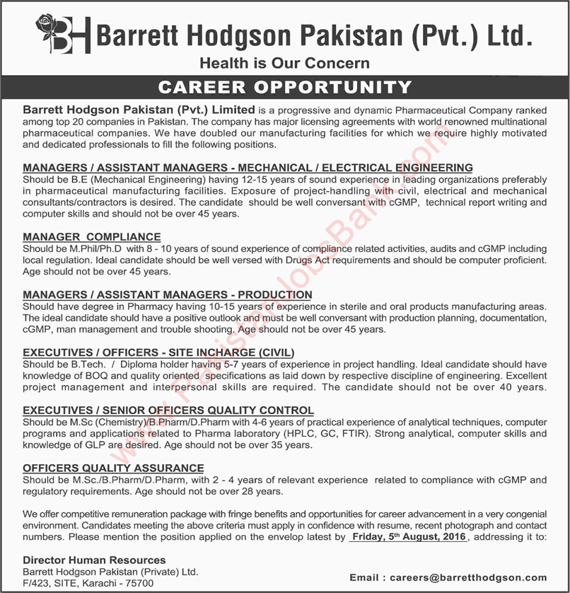 Barrett Hodgson Pakistan Pvt Ltd Karachi Jobs 2016 July Managers & Officers Latest