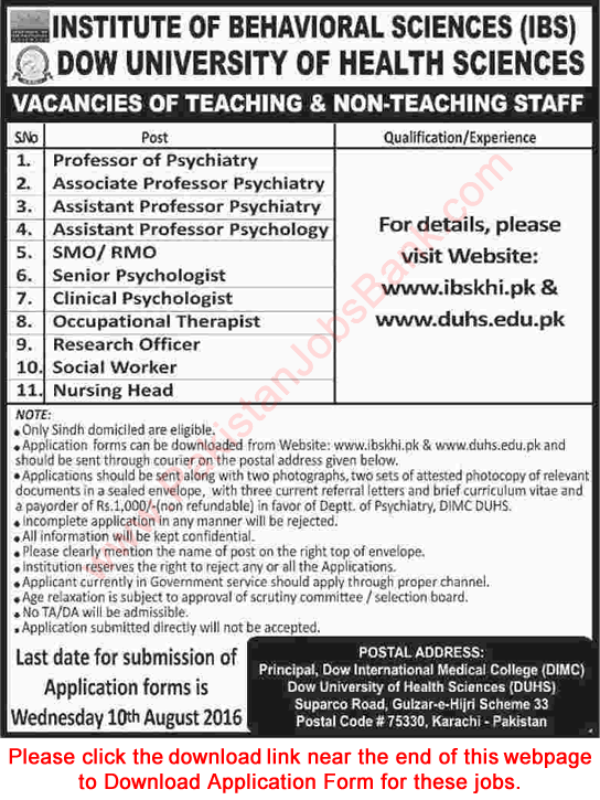Dow University of Health Sciences Karachi Jobs July 2016 Application Form Institute of Behavioral Sciences Latest