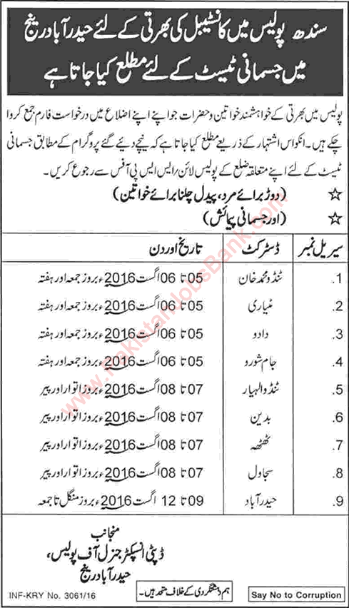 Sindh Police Constable Jobs July 2016 Physical Test Schedule in Hyderabad Range Latest