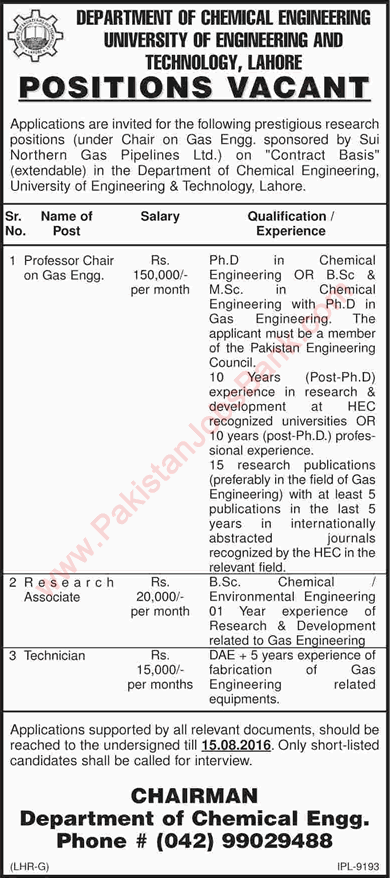 UET Lahore Jobs August 2016 Professor, Research Associate & Technician Latest