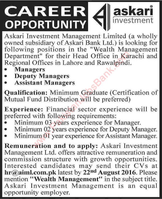 Askari Investment Management Ltd Jobs 2016 August for Assistant / Deputy Managers Latest
