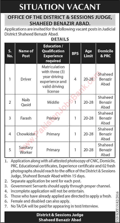 District and Session Court Shaheed Benazirabad Jobs 2016 August Naib Qasid, Drivers & Others Latest