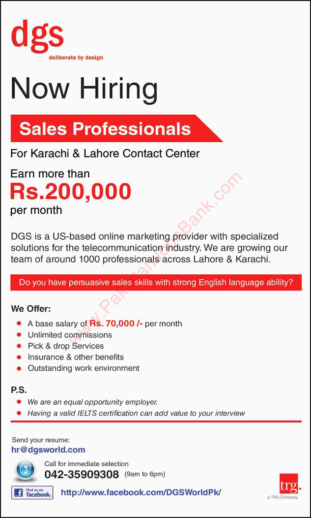 Call Center Jobs in Karachi & Lahore August 2016 at DGS World TRG Group Latest