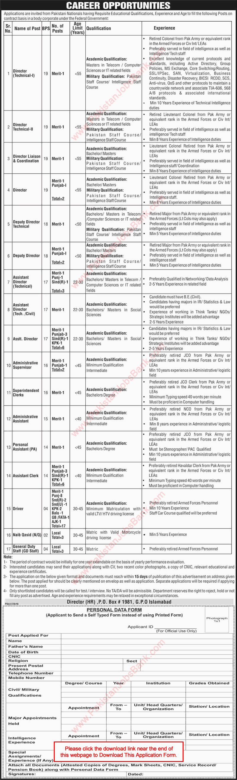PO Box 1981 GPO Islamabad Jobs 2016 August Application Form NACTA Latest