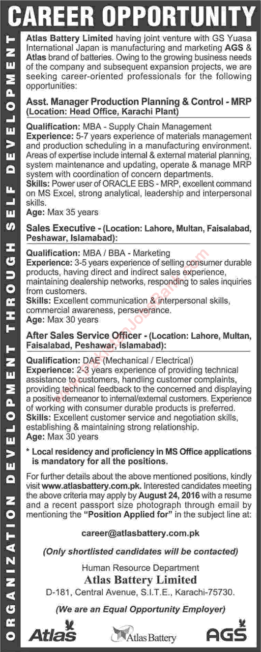 Atlas Battery Limited Jobs August 2016 Pakistan Sales Executives, Sales Services Officers & Assistant Manager Latest
