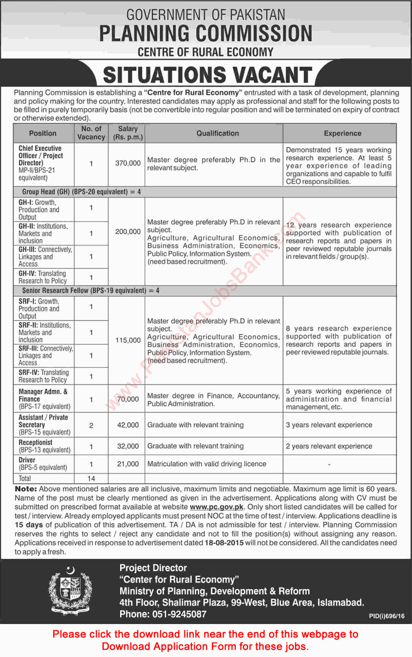 Ministry of Planning and Development Jobs August 2016 Islamabad Application Form Download Latest