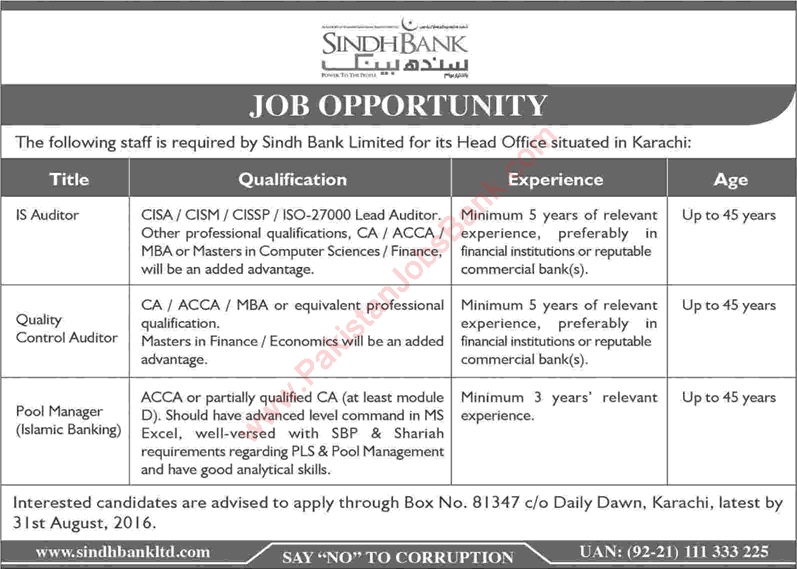 Sindh Bank Jobs August 2016 Karachi Quality Control / IS Auditors & Pool Manager Latest