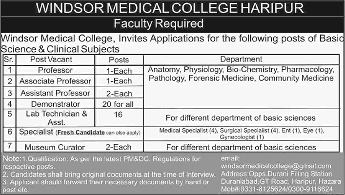 Windsor Medical College Haripur Jobs 2016 August Teaching Faculty, Lab Technicians & Others Latest