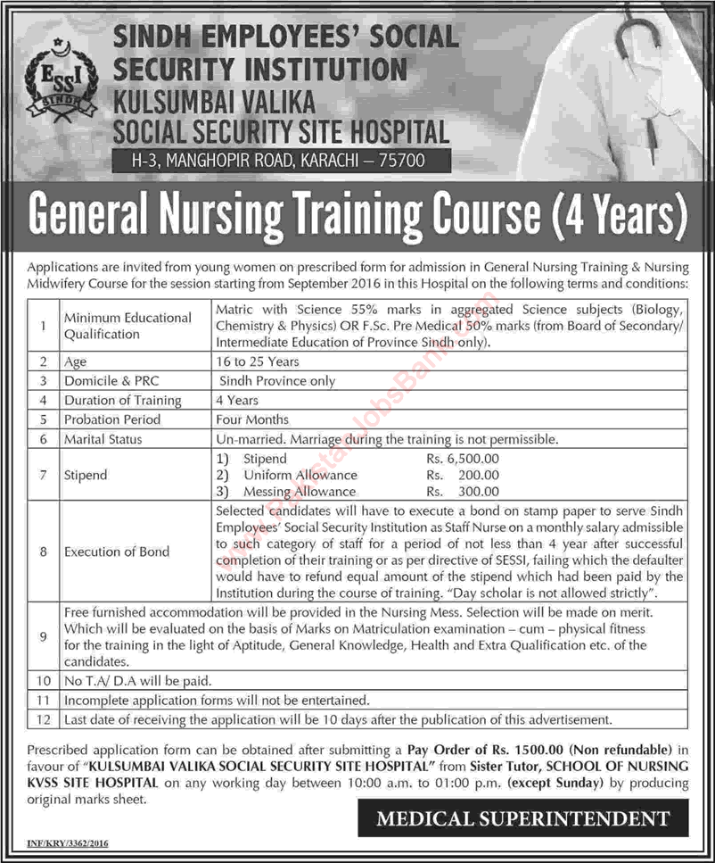 General Nursing Training Courses in Karachi August 2016 Kulsoom Bai Valika Hospital Sindh ESSI Latest