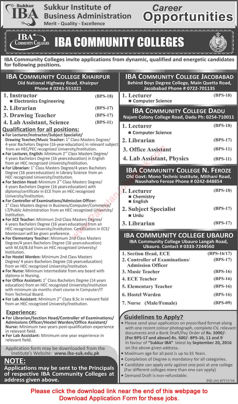 IBA Community Colleges Jobs August 2016 Sindh Application Form Teaching Faculty & Others Latest