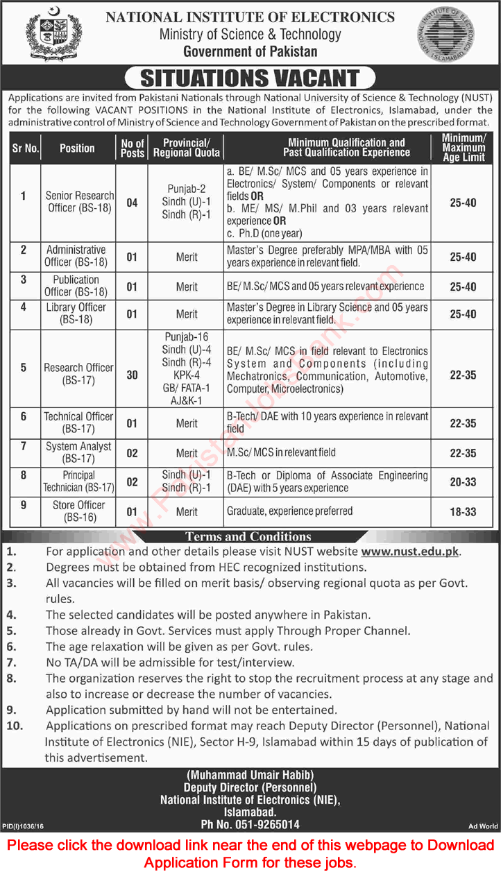 National Institute of Electronics Islamabad Jobs 2016 August / September Application Form Research Officers & Others Latest